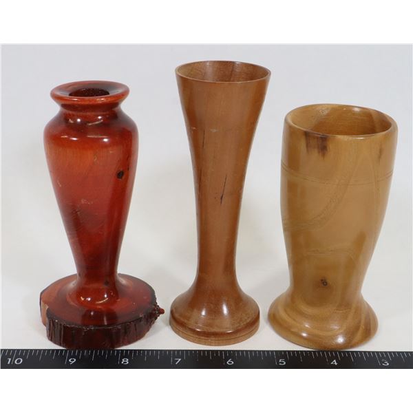 3  WOODEN VASES , RUSSIAN OLIVE,CHERRY,RED WOOD