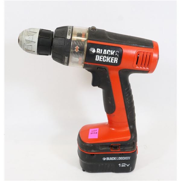 BLACK & DECKER 12V DRILL WITH BATTERY, NO CHARGER