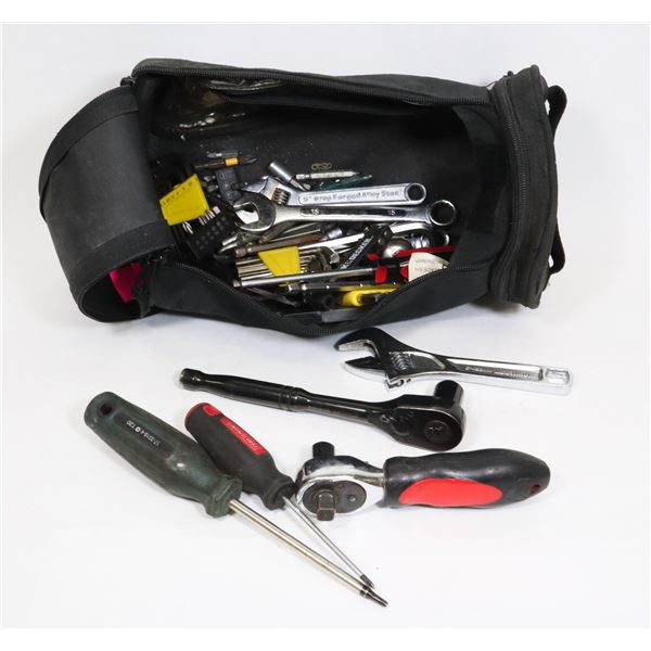 BAG OF ASSORTED HAND TOOLS, RATCHETS, SOCKETS,