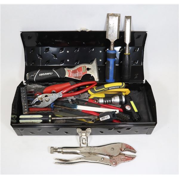 BLACK METAL TOOLBOX WITH CONTENTS