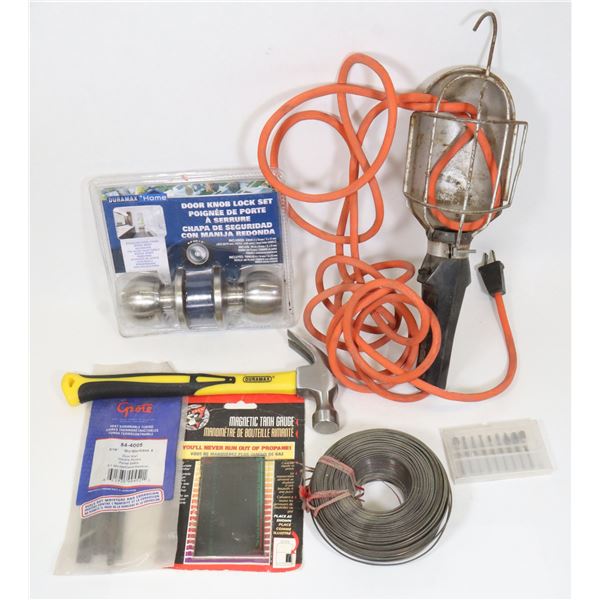 SMALL TOTE OF ASSORTED TOOLS AND HOME REPAIR ITEMS