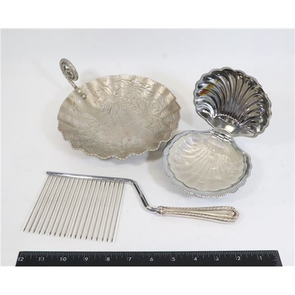 BAG OF VINTAGE SERVING ITEMS INCLUDING BIRKS SILVER