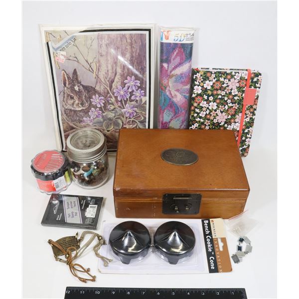 BOX OF ASSORTED CRAFTING SUPPLIES INCLUDING