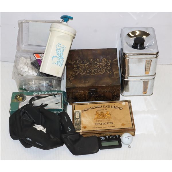 MIXED LOT OF GOLF ITEMS, BOXES, VINTAGE KITCHEN