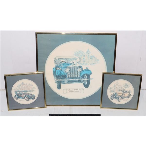 THREE FRAMED ANTIQUE CAR PICTURES INCLUDING