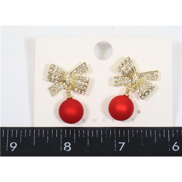 NEW GOLD TONE RHINESTONE BOW AND FAUX RED