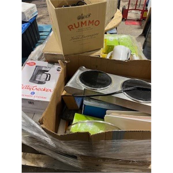 pallet of kitchen equipment and supplies