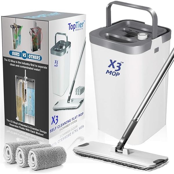 1 TopTier X3 Mop - Self-Cleaning Flat Mop 3-Chamber System - New