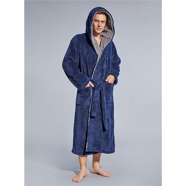1 SlumberMee Mens Premium Fleece Plush Hooded Robe with Pockets - Navy Blue - XL - New