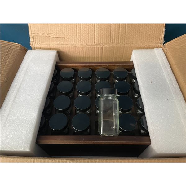 1 Solid Wood Spice Rack - Includes 24x 4oz Clear Glass Jars - Walnut Stain Design