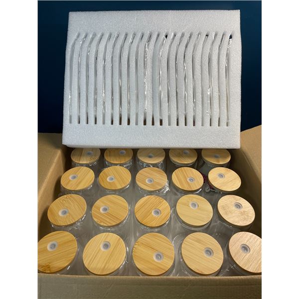20PC Glass Drinking Cups with Bamboo Lids & Stainless Steel Straws