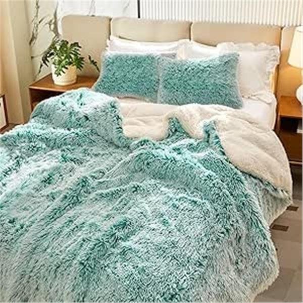 1 Faux Fur Shaggy Fluffy Comforter Bedding Set - Full/Queen Size - 3PC - Aqua/White Colour