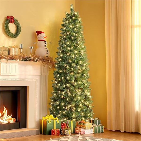 7.5FT Tall Prelit Pencil Green Artificial Christmas Tree with Warm White Lights - New