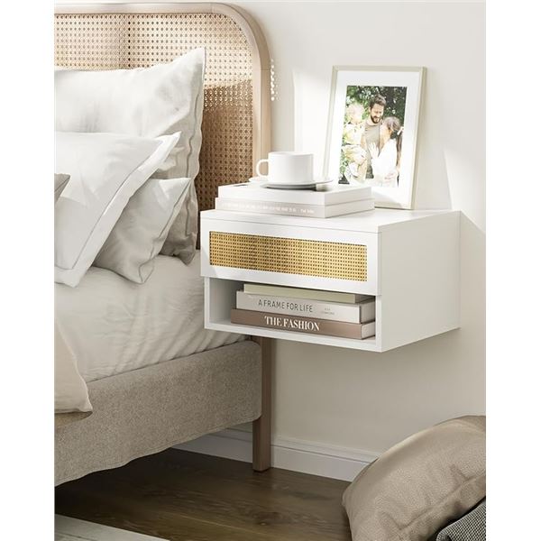 1 Modern Floating Nightstand with Drawer - White Rattan Design - New