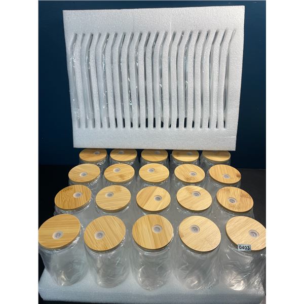 20PC Glass Drinking Cups with Bamboo Lids & Stainless Steel Straws - Brand New!