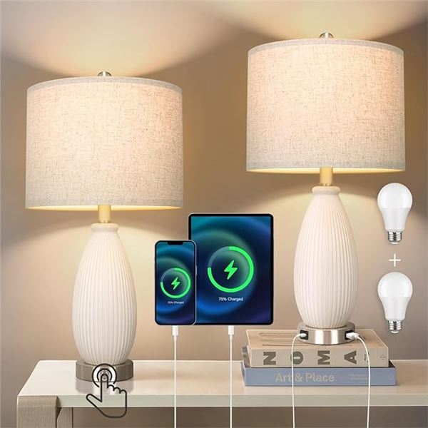 Outon Touch Control Bedside Table Lamps - Set of 2 - Dimmable - w/ Charging Port Bases - Brand New!