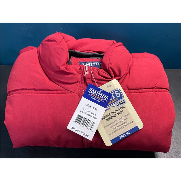 1 Smith's Workwear Men's Double Insulated Puffer Vest - Red - Size 2XL - New w/ Tags