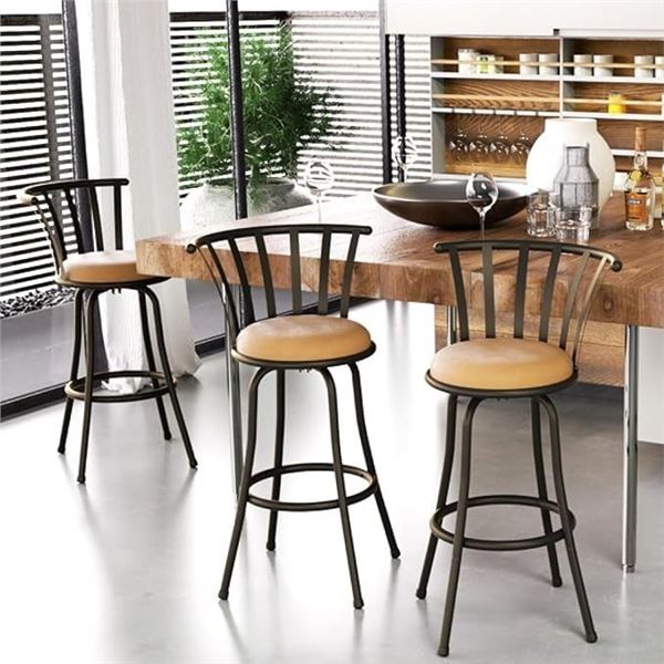 Set of 3 Homy Casa Barstools - 29in Swivel Bar Stools w/ Suede Seats - Camel Colour - NEW