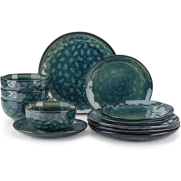 Vancasso 12PC Dinnerware Set - Starry Plate & Bowls Set - Dishwasher & Microwave Safe - Green - NEW
