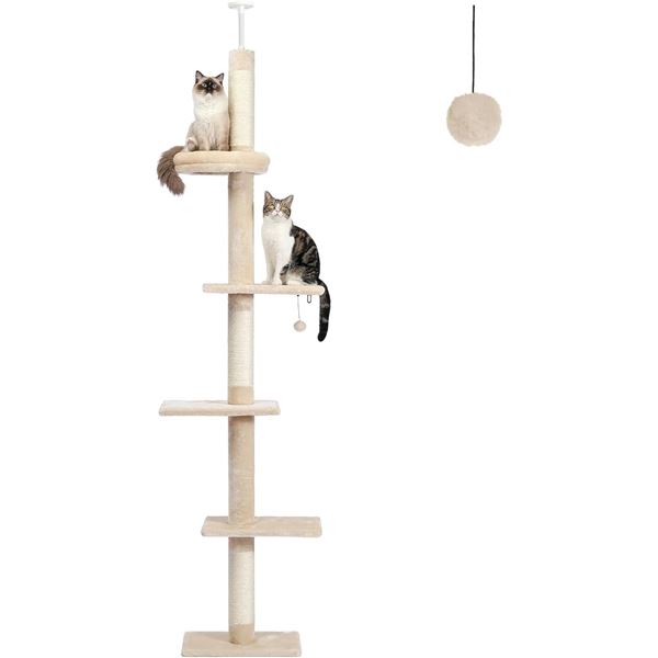 1 PAWZ Road Cat Tree - 5-Tier Floor to Ceiling Cat Tower (Adj. Height 95"-107" Tall) - NEW