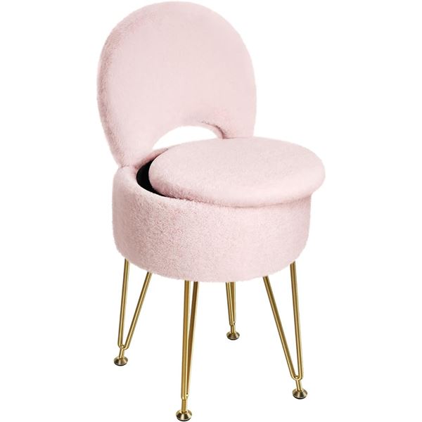1 Greenstell Vanity Stool with Foldable Back - 27.7"H - Soft Faux Fur Ottoman - Pink - Brand New!