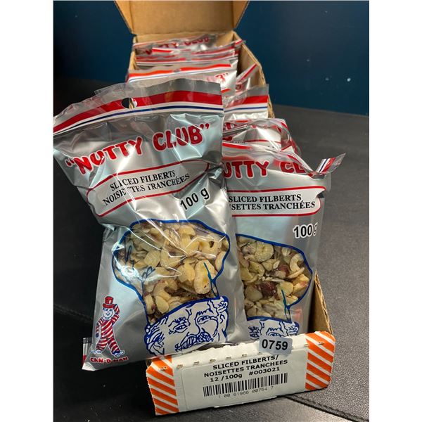 1 Case of "Nutty Club" Sliced Filberts - 12 Packs x 100g each - New Sealed
