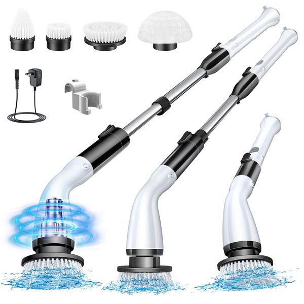 1 Labigo Electric Spin Brush/Cordless Spin Scrubber with 4 Brush Heads & Adjustable Height - NEW