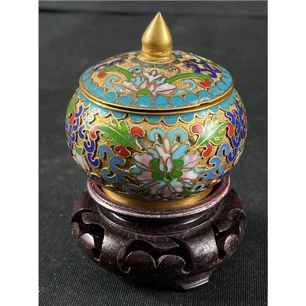 1950s Enamel Cloisonnee Box with Lid + Stand