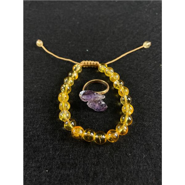 New 8mm Natural Citrine Bracelet Retails $150 & New Adjustable Amethyst Ring