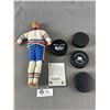 Image 2 : Wayne Gretzky Doll, 1982 Red Rooster Card and 4 Hockey Pucks