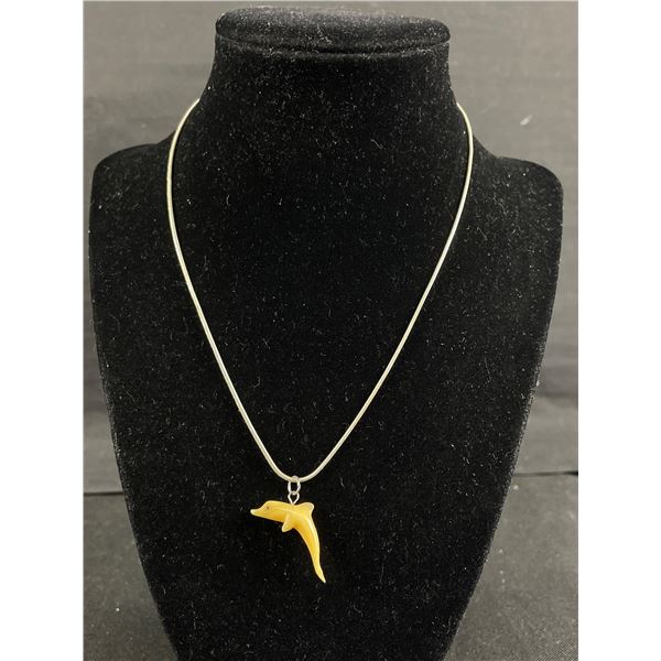 925 Sterling Silver Chain w/ Hand Carved Ivory Dophin Pendant Necklace