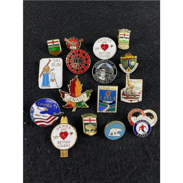Lot of 16 Enamal Pins (Ski,Darts,Provinces Etc)