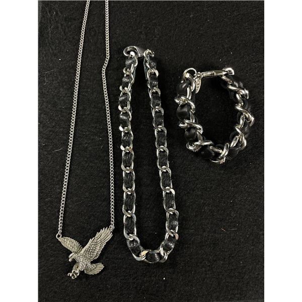 Silvertone Jewelry Lot. Eagle Necklace, Chain Necklace and Chain Bracelet