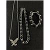 Image 1 : Silvertone Jewelry Lot. Eagle Necklace, Chain Necklace and Chain Bracelet