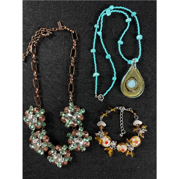 Vintage Jewelry Lot. Copper Rhinestone Necklace, Faux Turquoise and a Beautiful Flower and Resin( ?)