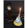 Image 1 : Vintage Beatrix Potter Mrs. Rabbit and Bunnies Lamp and a Miniature Anker Grandfather Clock