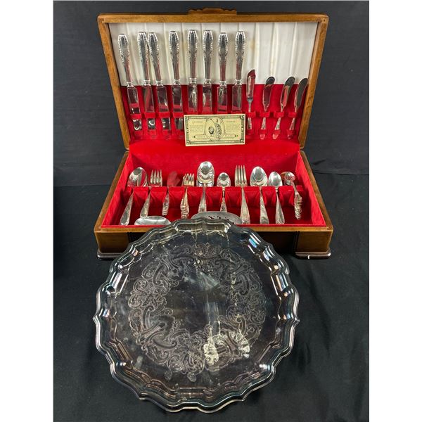 Vintage King's Plate Cutlery Set In Box and A Birks Silver Plated Tray with Box