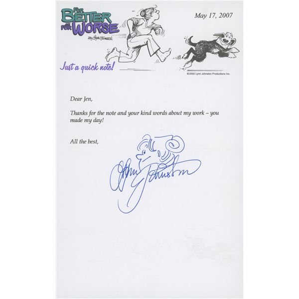 Lynn Johnston signed note
