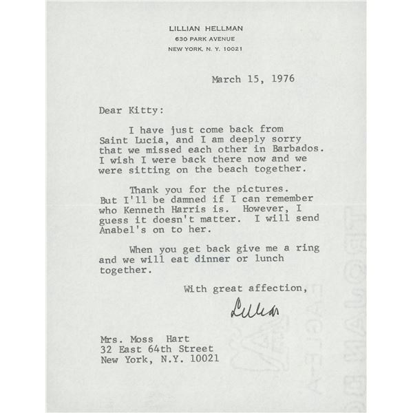 Lillian Hellman signed letter