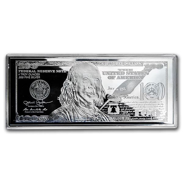 4 oz Silver Bar - $100 Bill (w/Box & COA) .999 Pure Silver