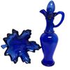 Image 1 : Blue Glass Vinegar bottle with topper and maple leaf candy dish