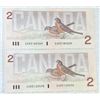 Image 2 : 2 crisp uncirculated 1986 Canadian Bird Series two-dollar bank notes.