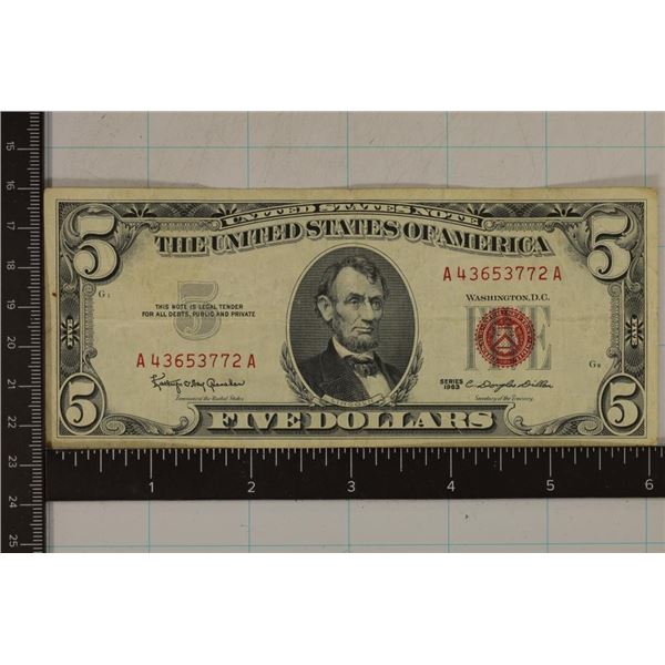 1963 US $5 RED SEAL BILL EXTRA FINE 1 TINY STAIN