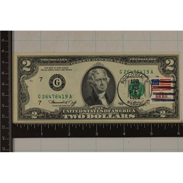 1976 US $2 CRISP UNC BILL WITH CANCELLED STAMP