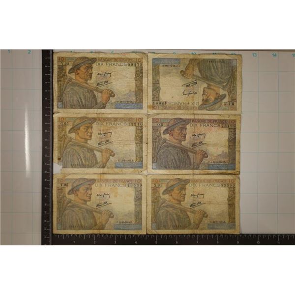 6-FRANCE 10 FRANC BILLS: 2-1942, 3-1944 & 1-1946