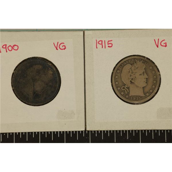 1900 & 1915 SILVER BARBER QUARTER TONED BOTH VG'S