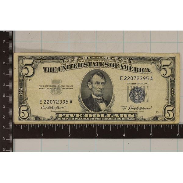 1953-A US $5 SILVER CERTIFICATE BLUE SEAL