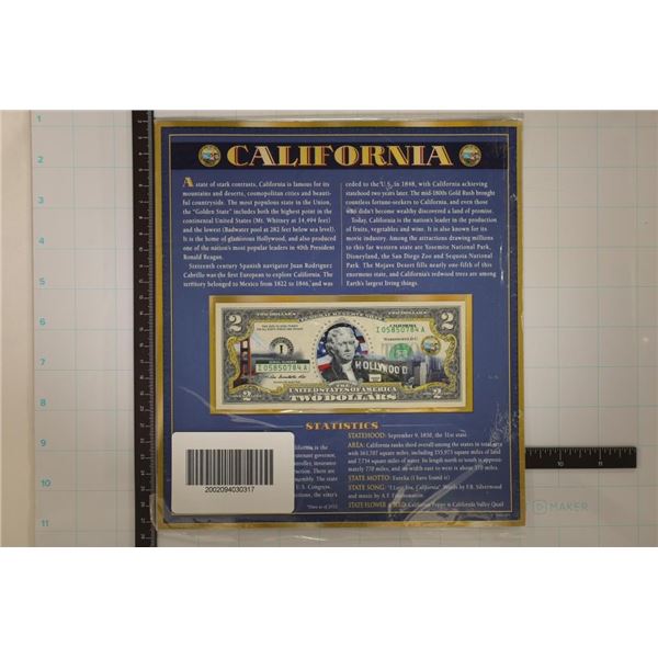 2013 US $2 BILL WITH CALIFORNIA OVERLAY MOUNTED