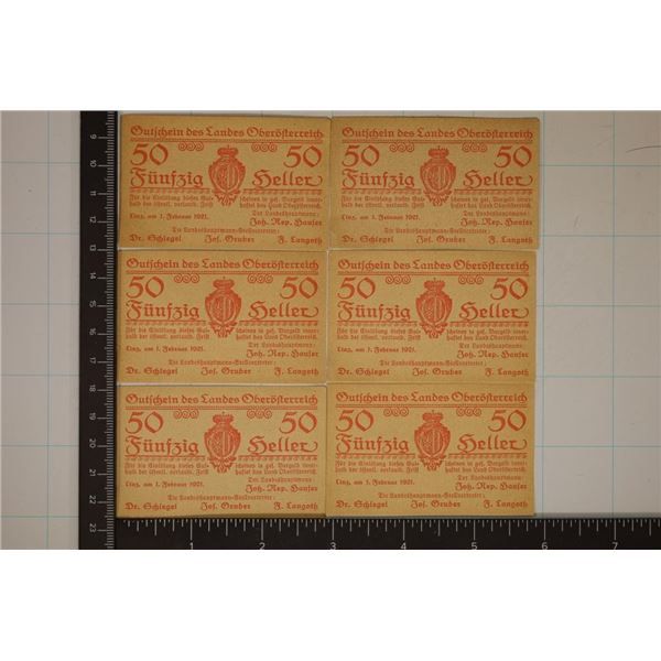 6-AUSTRIA 1921 50 HELLER NOTES, 4 ARE CRISP UNC