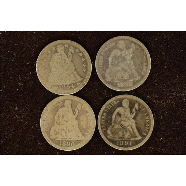 1854, 1888, 1890 & 1891 SILVER SEATED LIB. DIMES